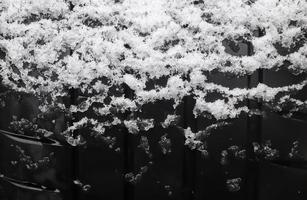 närbild av bil däck i vinter- täckt med snö. foto