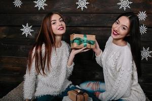 porträtt av två skön flickor på jul foto
