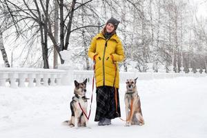 porträtt av skön leende ung kvinna med henne två hundar i en snöig vinter- parkera. foto