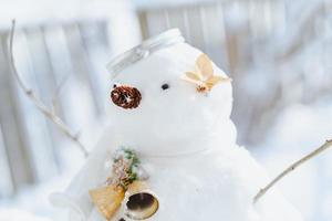 glad jul och Lycklig ny år hälsning kort med copy-space.many snowmen stående i vinter- jul landskap.vinter bakgrund.snögubbe med torr blomma och tall . Lycklig Semester och firande. foto