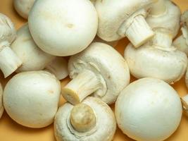 en massa av champignons på en beige bakgrund. kök, tabell. foto