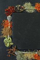 olika kryddor (paprika, gurkmeja, peppar, anis, kanel, saffran) foto