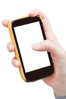 smartphone i hand isolerat på vit foto