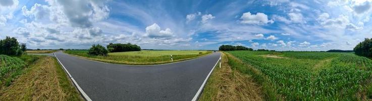 skön hög upplösning panorama av en nordlig europeisk Land väg med fält och grön gräs. foto