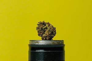 marijuana knopp och kvarn på gul bakgrund, stänga upp foto