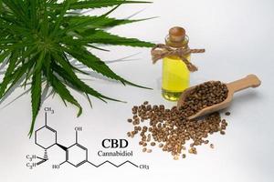 cbd-element i cannabis, hampaolja i en glasburk, begreppet växtbaserad alternativ medicin. foto