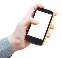 mobil telefon i hand isolerat på vit foto