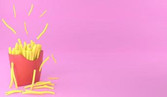 3d tolkning franska frites på rosa bakgrund . 3d illustration snabb mat begrepp och kopia Plats foto