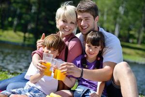 Lycklig familj spelar tillsammans i en picknick utomhus foto