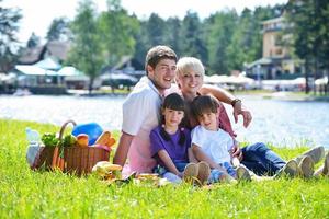 Lycklig familj spelar tillsammans i en picknick utomhus foto