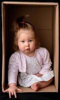 liten söt, vacker flicka sitter i en låda. foto