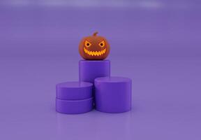 3d tolkning av halloween pumpa topp av podium inuti ljus lysande, minimal halloween bakgrund design element foto