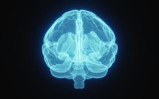 glödande röntgenbild av mänsklig hjärna i blå trådram på isolerad svart bakgrund. vetenskap och medicinsk koncept. framför hjärnan. 3d illustration rendering foto