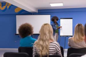 svart kvinna högtalare seminarium företags- företag möte begrepp foto