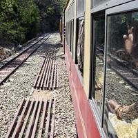 leksakståg rör sig på bergssluttningar, vacker utsikt, ena sidan berg, ena sidan dalen rör sig på järnväg till kullen, bland grön naturskog. leksakståg från kalka till shimla i indien, indiskt tåg foto