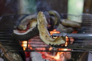 grillning en skiva av buffel vältränad över ett öppen träkol brand foto