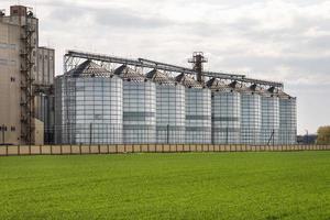 agro silos spannmålsmagasin hiss på agro-bearbetning tillverkningsanläggning för bearbetning kemtvätt och lagring av jordbruksprodukter, mjöl, spannmål och spannmål. foto