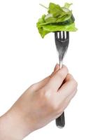 färsk grön sallad spetsig på gaffel i kvinna hand foto