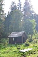 små naturlig hus, som är byggd av trä. de byggnad är belägen i de skog foto