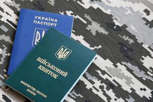 ukrainska militär id och utländsk pass på tyg med textur av pixeled kamouflage. trasa med camo mönster i grå, brun och grön former med ukrainska armén personlig tecken och pass. foto