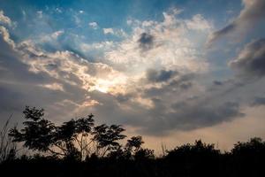 siluett träd och stråle av solljus bakom mörka moln på landsbygden foto