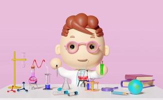rum innovativ utbildning begrepp, 3d miniatyr- tecknad serie pojke karaktär hand håll testa rör med vetenskap experimentera utrustning, skrivbord i labb isolerat på rosa bakgrund. 3d framställa illustration foto