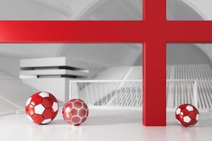 fotboll bollar objekt, sport boll design, fotboll element begrepp, 3d illustration, abstrakt fotboll teknologi, röd och vit design bakgrund, uppkopplad sport leva, England Storbritannien flagga, realistisk 3d foto