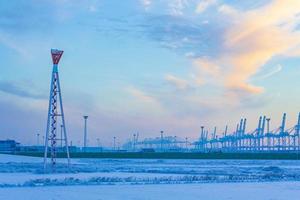 varv kranar varv kran solnedgång vinter- behållare hamn bremerhaven Tyskland. foto