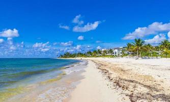 tropisk mexikansk strand vatten tång sargazo playa del carmen Mexiko. foto