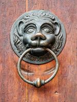 vintage lejon dörrhandtag på antik dörr, bakgrund foto
