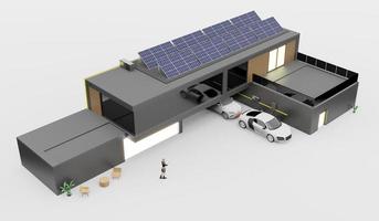 laddare elektrisk carin de byggnad hus tak och sol- paneler smart Hem sol- solceller 3d illustration foto