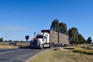 en frakt lastbil går över de tåg linje på tullamore i lantlig Australien foto