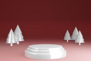 glas textur tom piedestal produkt stå med vit jul träd på röd bakgrund, monter, 3d framställa. foto