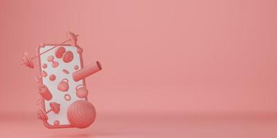 sport kondition Utrustning vit skärm mobil mockup, röd yoga matta, passa boll, flaska av vatten, hantlar och skivstång på rosa bakgrund. 3d tolkning. foto