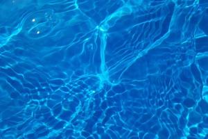defokusering suddig transparent blå färgad klar lugna vatten yta textur med stänk, bubbla. lysande blå vatten krusning bakgrund. yta av vatten i simning slå samman. blå bubbla vatten lysande. foto