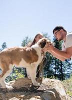 ung par innehav st.bernard hund vandring på de bergen foto