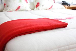 säng med rött filt foto