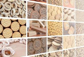 en collage av många bilder med olika sötsaker närbild. en uppsättning av bilder med olika sorter av kex, bagels och godis foto
