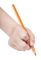 hand målarfärger förbi orange penna isolerat foto