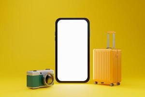 vit skärm mobil attrapp med kamera och bagage över gul bakgrund resa begrepp. 3d tolkning foto