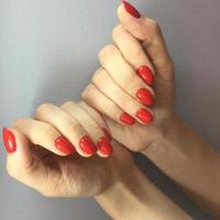 kvinna händer med eleganta röd manikyr på grå bakgrund foto