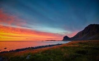 grönt gräsfält och havsstrand foto