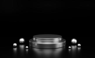 abstrakt svart 3d rum med realistisk silver- stål cylinder piedestal podium uppsättning. minimal scen för produkt visa presentation. illustration skede för monter. 3d tolkning. foto