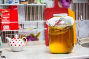 hemlagad kombucha te i glas burk på kök tabell foto