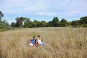 Lycklig par njuter landsbygden picknick i lång gräs foto