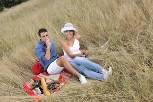 Lycklig par njuter landsbygden picknick i lång gräs foto