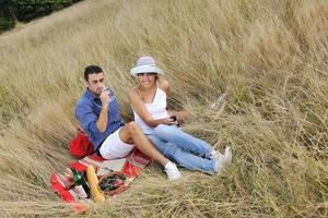 Lycklig par njuter landsbygden picknick i lång gräs foto