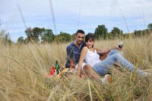 Lycklig par njuter landsbygden picknick i lång gräs foto