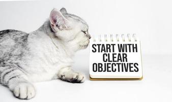 företag begrepp. anteckningsbok med text Start med klar mål ark av vit papper och grå katt foto