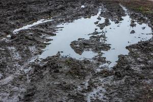 en bruten lantlig Land väg efter de regn. vattenpölar efter regn på en smuts väg. lera, jord och vattenpölar på molnig dag ljus efter regn, höst säsong. foto